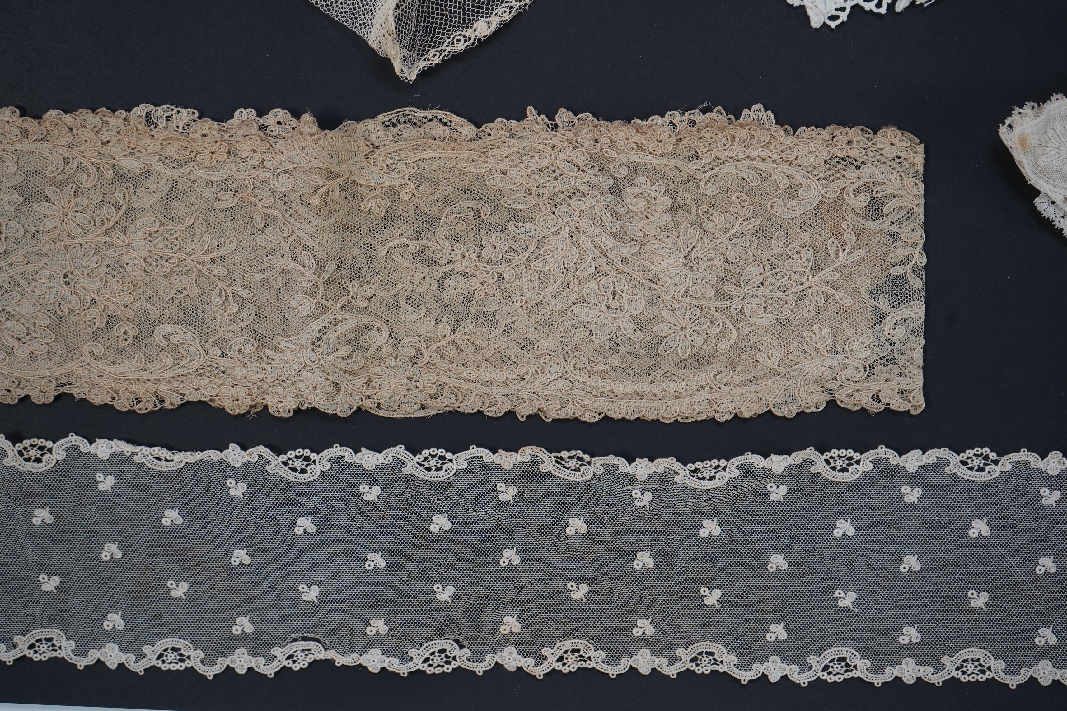 A variety of 19th and 20th century cream lace, being mixed hand and machine collars, lappets, trimmings together with a silk stole. Ideal for tv, film and theatre, stole 230 cm long. Condition - good